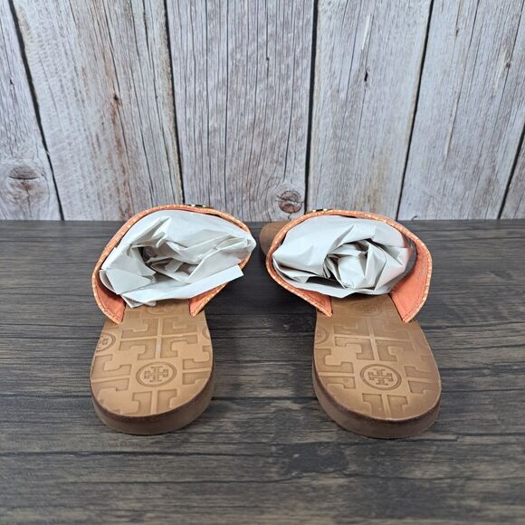 Tory Burch Thora Flip Flop Sandals Women's Sz 9 M Orange Patent Gold Logo - Picture 4 of 9
